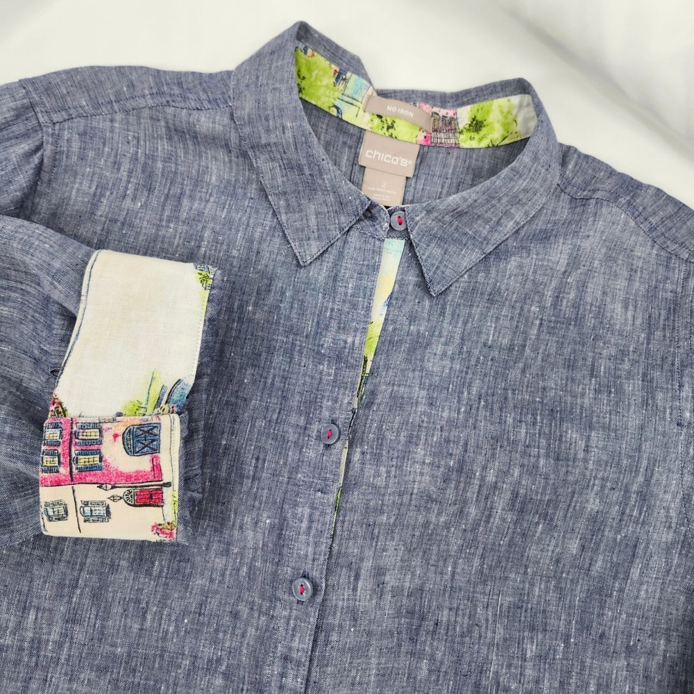Chicos Womens Linen Button Down Tunic Size 12 Blue No Iron Euro Summer Coastal